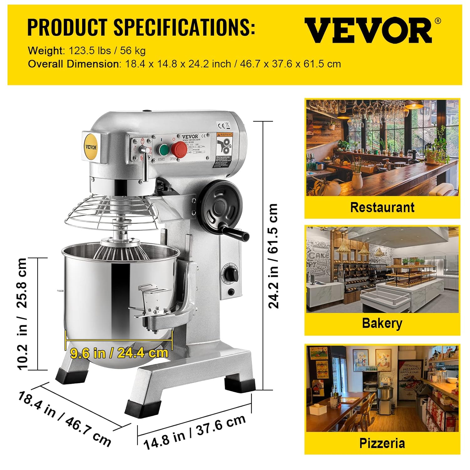 VEVOR Commercial Mixer, Commercial Food Mixer 10Qt Stainless Steel Bowl, 450W Commercial Stand Mixer with 3 Speeds Adjustable, Dough Hook Whisk Beater Included, Perfect for Bakery Pizzeria, Silver