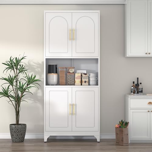 Kitchen Pantry Cabinet with Acrylic Glass Doors, 75" Metal Kitchen Hutch with Countertop, Adjustable Shelves, Freestanding Food Pantry Cabinet for Living, Dining Room, Black, Assembly Required