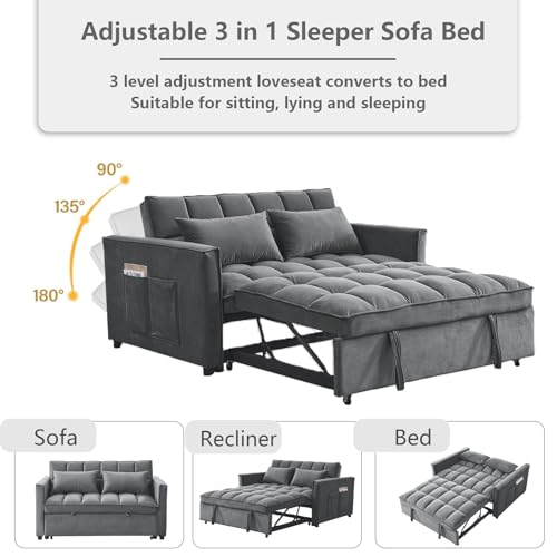 3 in 1 Convertible Sleeper Sofa Bed,Futon Loveseat Couch with Pull-Out Bed & Adjustable Backrest,Velvet Fabric Sofa with Side Pocket for Small Apartment, Living Room, Office (Black)