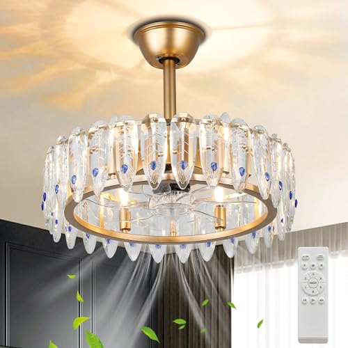 CXGLEAMING 42″ Modern Crystal Chandelier Fan with Lights Dimmable Crystal Ceiling Fans 3 Rings LED Fandelier, 6-Speed Flush Mount Ceiling Fan for Living Room Bedroom