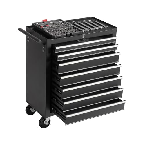 7-Drawer Rolling Tool Chest with Wheels, Heavy Duty Steel Tool Cart for Garage & Workshop, Lockable Storage Cabinet with Brake Casters & Ball Bearing Drawers, Black