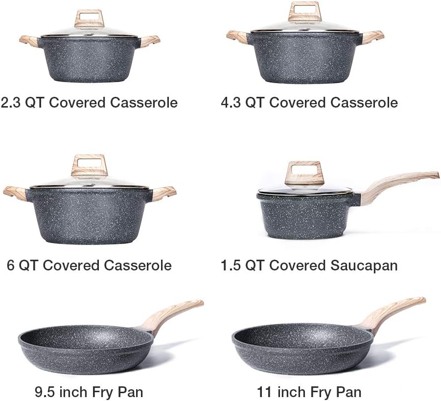 Carote Nonstick Cookware Set,10 Pcs Nonstick Cookware Set Pan and Pot, Essential Woody, Classic Granite