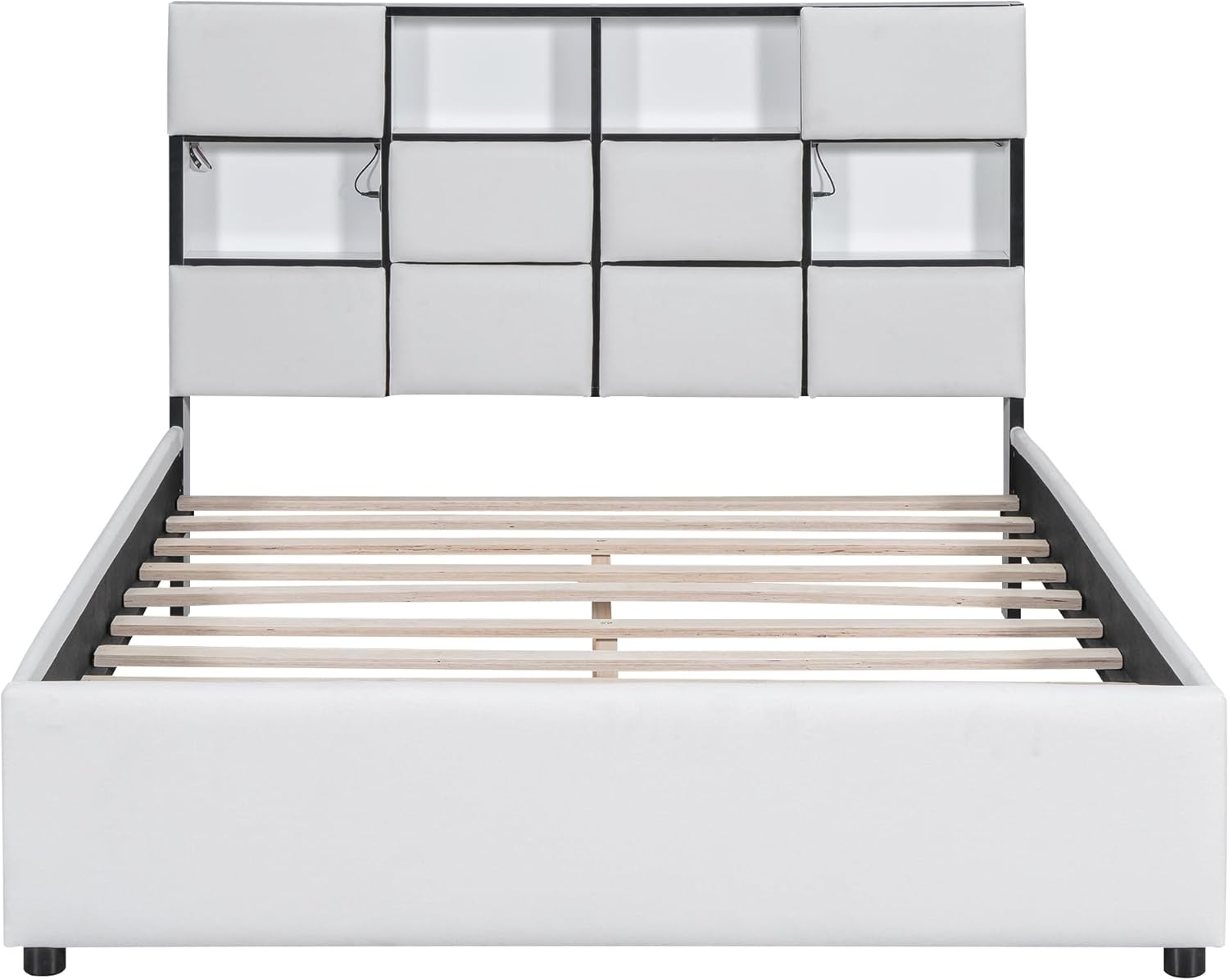 Full Size Bed Frame with Storage Headboard, Upholstered Platform Bed with USB Port & LED Lights, No Box Spring, Beige