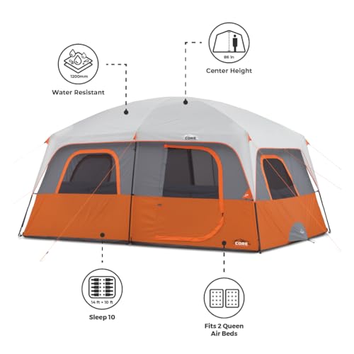 CORE Tent for Family Camping | 10 Person / 11 Person / 12 Person Large Multi Room Cabin Tents for Car Camping & Outdoor Adventures