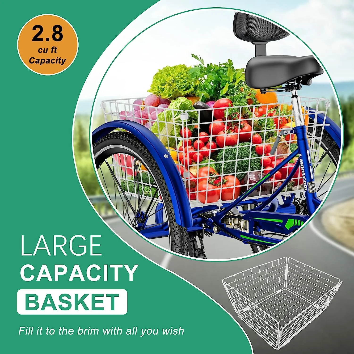 FICISOG 26 Adult Tricycle, 3 Wheel 7 Speed Bikes,450lbs Capacity Cruise Trike with Shopping Basket
