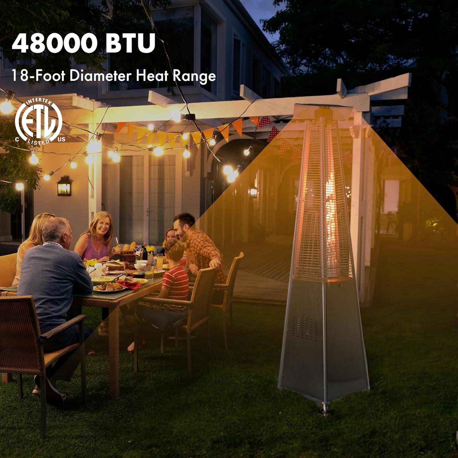 Propane Heater, Outdoor Patio Pyramid Flame Heater with Wheels and Cover, 48000 BTU Portable Propane Heater for Large Space, Outside Party, Backyard and Garden