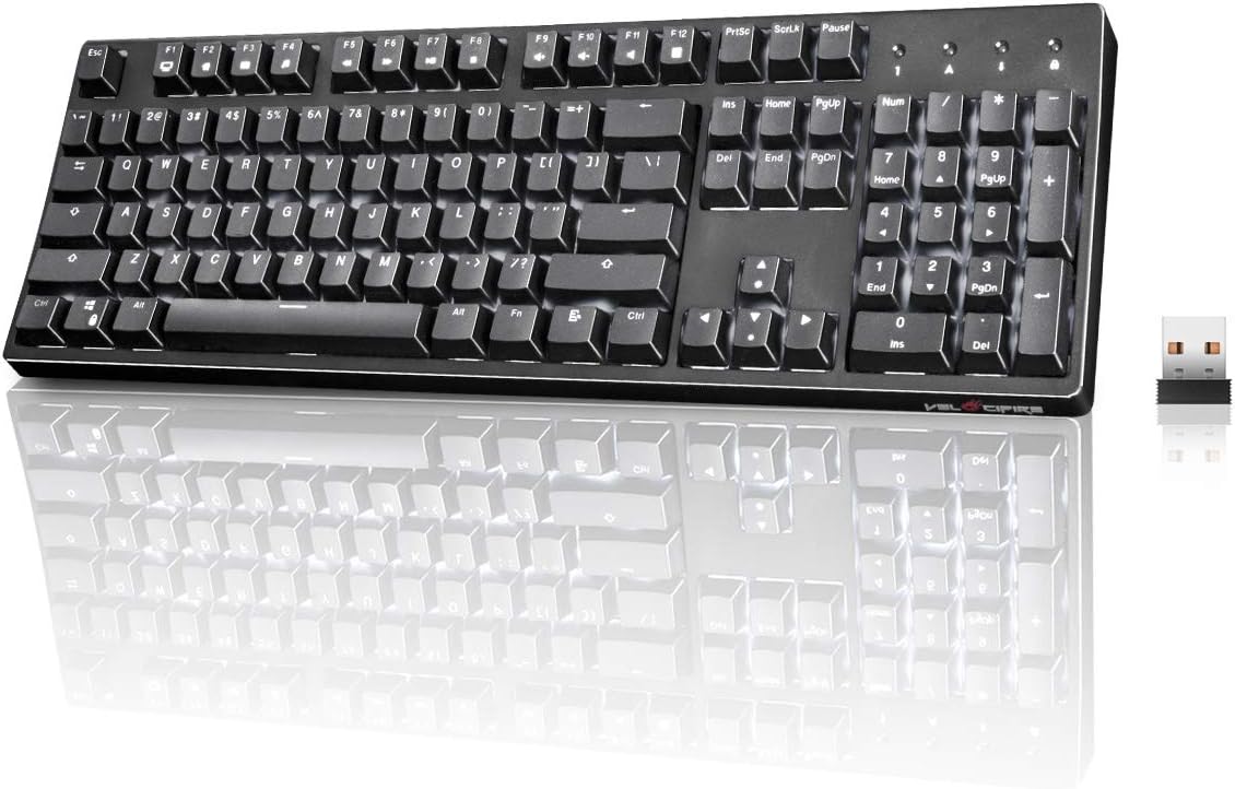 Wireless Mechanical Keyboard Ergonomic, Velocifire VM02WS 104-key Full Size with Brown Switches White Backlit & High Battery Lasting for Copywriters, Typists, Programmer(Black)