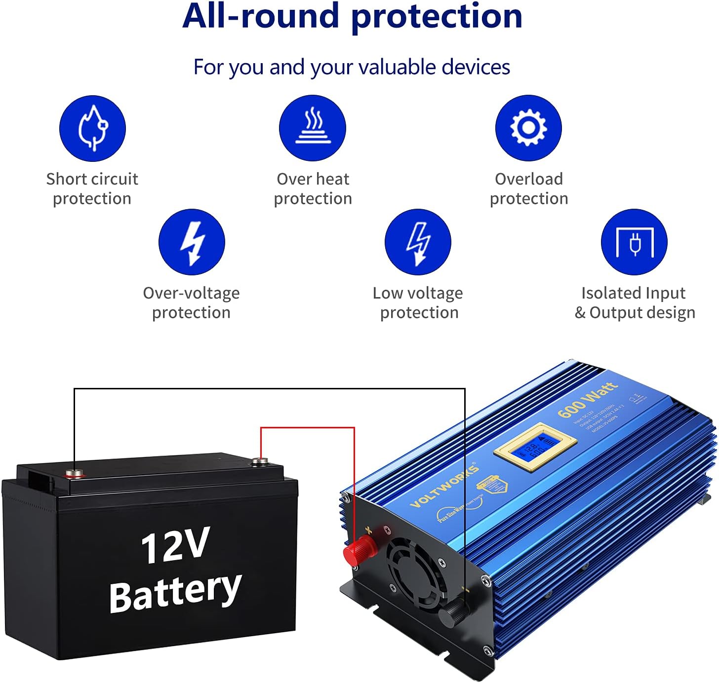 VOLTWORKS 600 Watts Pure Sine Wave Power Inverter 600w DC 12V to AC 110V 120V with Dual 2.4A USB Port & LCD Display Two AC Outlets for Car Truck RV