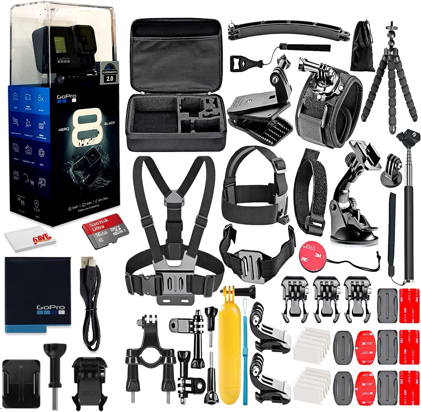 GoPro HERO8 Black Digital Action Camera - Waterproof, Touch Screen, 4K UHD Video, 12MP Photos, Live Streaming, Stabilization - 16GB Card - with 50 Piece Accessory Kit - All You Need Bundle