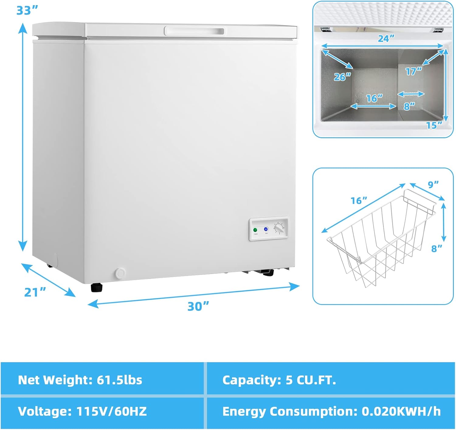 PETSITE 5 cu ft Chest Freezer, Compact Deep Freezer w/ 7-Grade Adjustable Temperature, Removable Storage Basket & 2 Wheels, Quiet & Energy-saving Freezer for Kitchen Apartment Office, White