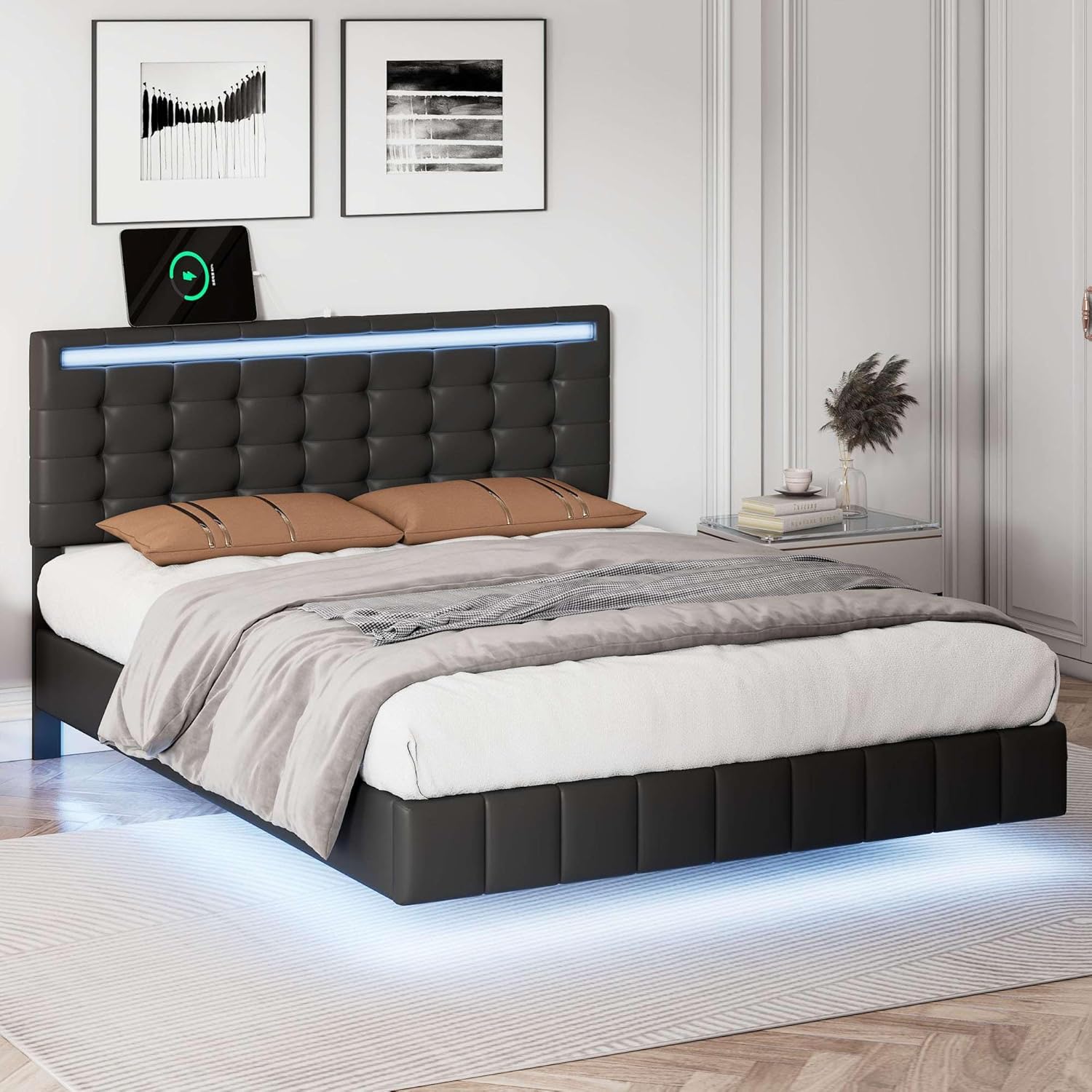 Modern Full Size Floating Bed Frame with LED Lights, USB Charging, and Upholstered Platform - Sleek Black Design for Contemporary Bedrooms (Full)