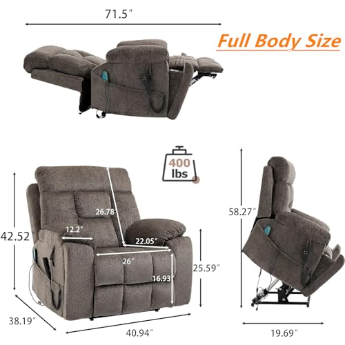 Light Grey Recliner Chair for Elderly | Tall and Big Man 400lbs | Chenille | Power Lift, Lay Flat, Stand Up, Wireless Charging Device, Extended Footrest, Massage Heat, Cup Holder, Lumbar Pillow
