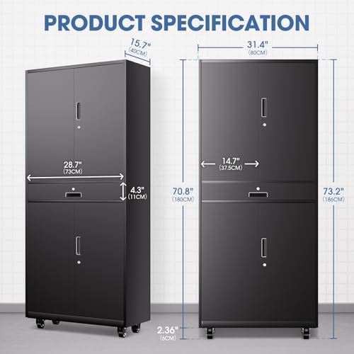 DNA MOTORING 71'' Metal Storage Cabinet, Locking Tool Cabinet with 1 Drawer and Adjustable Shelves, Lockable Heavy Duty Metal Locker for Garage,Office,Home,Gym, Gray, TOOLS-00629-GY-GY-A