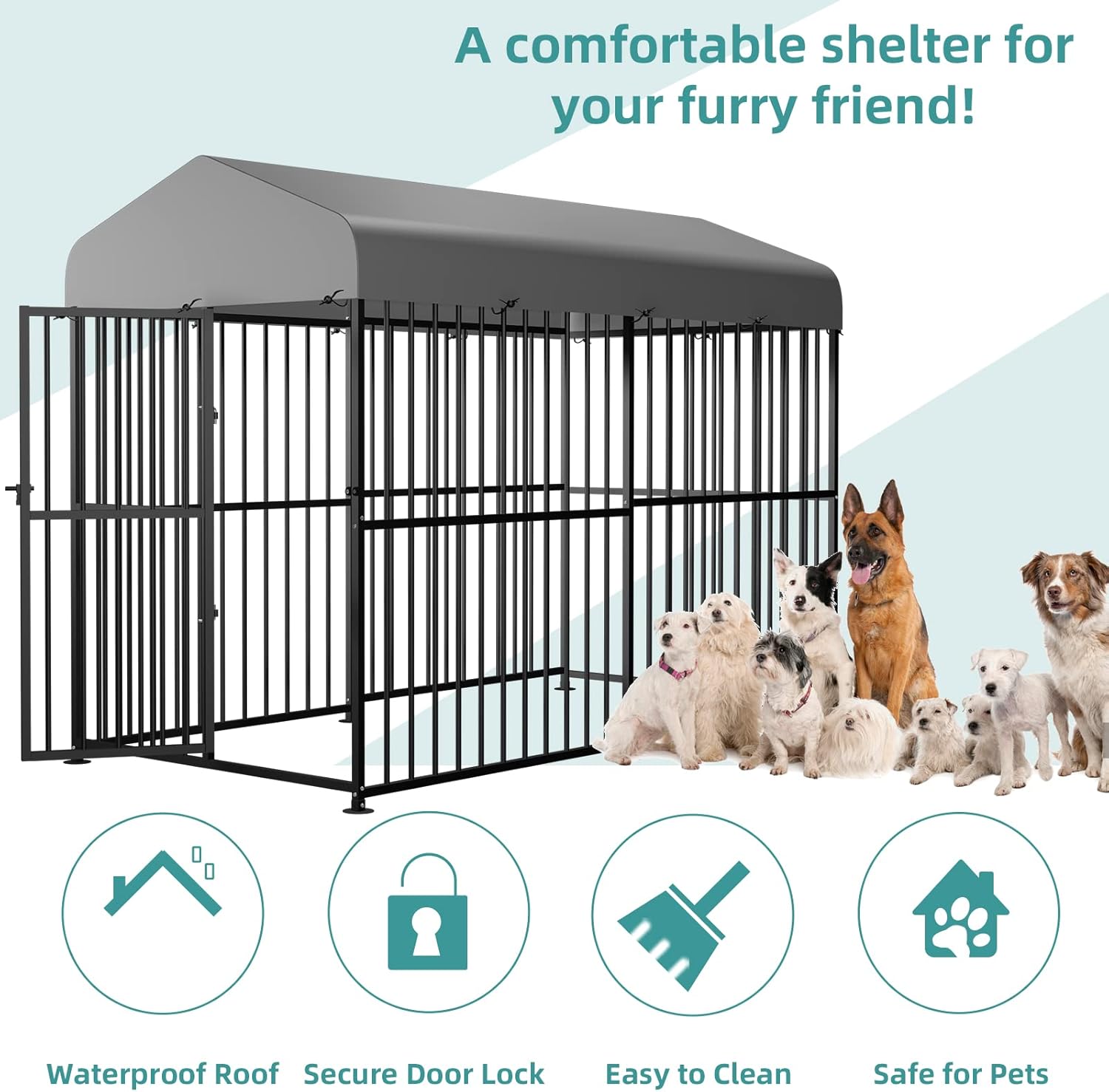 MEETWARM Large Outdoor Dog Kennel, Metal Heavy Duty Outdoor Indoor Pet Playpen, Anti-Rust Outdoor Dog Fence Dog Pens with Anti-UV & Waterproof Top Cover and Secure Lock for Backyard, 4'L x 8'W x 6'H
