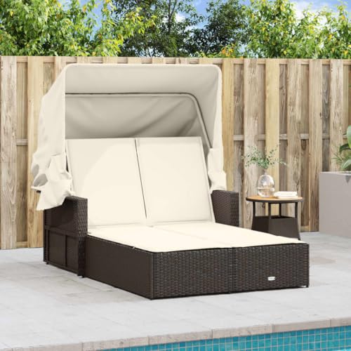 Double Sun Lounger with Canopy and Cushions Brown Poly Rattan,Double Sun Lounger with Adjustable Backrest and Retractable Canopy for Enhanced Outdoor Relaxation Sun Loungers, Chaise Lounges, Patio Fur