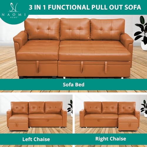 Naomi Home Jenny Sectional Sofa Sleeper with Storage Chaise, Tufted Pull Out Couch with Storage, L-Shaped Reversible Sleeper Sofa with Storage, Black,Air Leather
