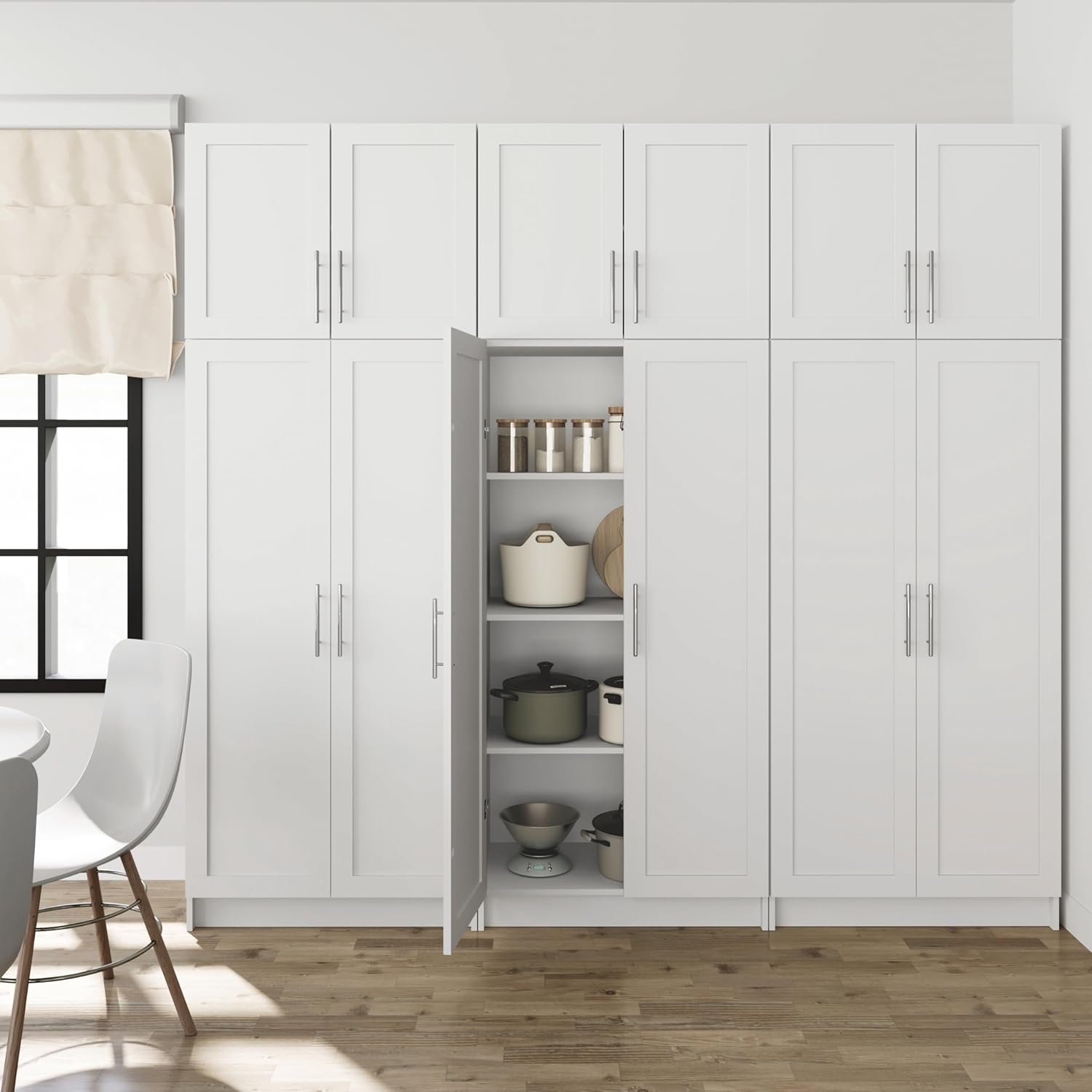 Prepac Elite 6 Piece Panel Doors Closet Organizer System, White Set, Bathroom, Pantry Wall and 3 Storage Cabinets, 16.75" D x 96" W x 89" H