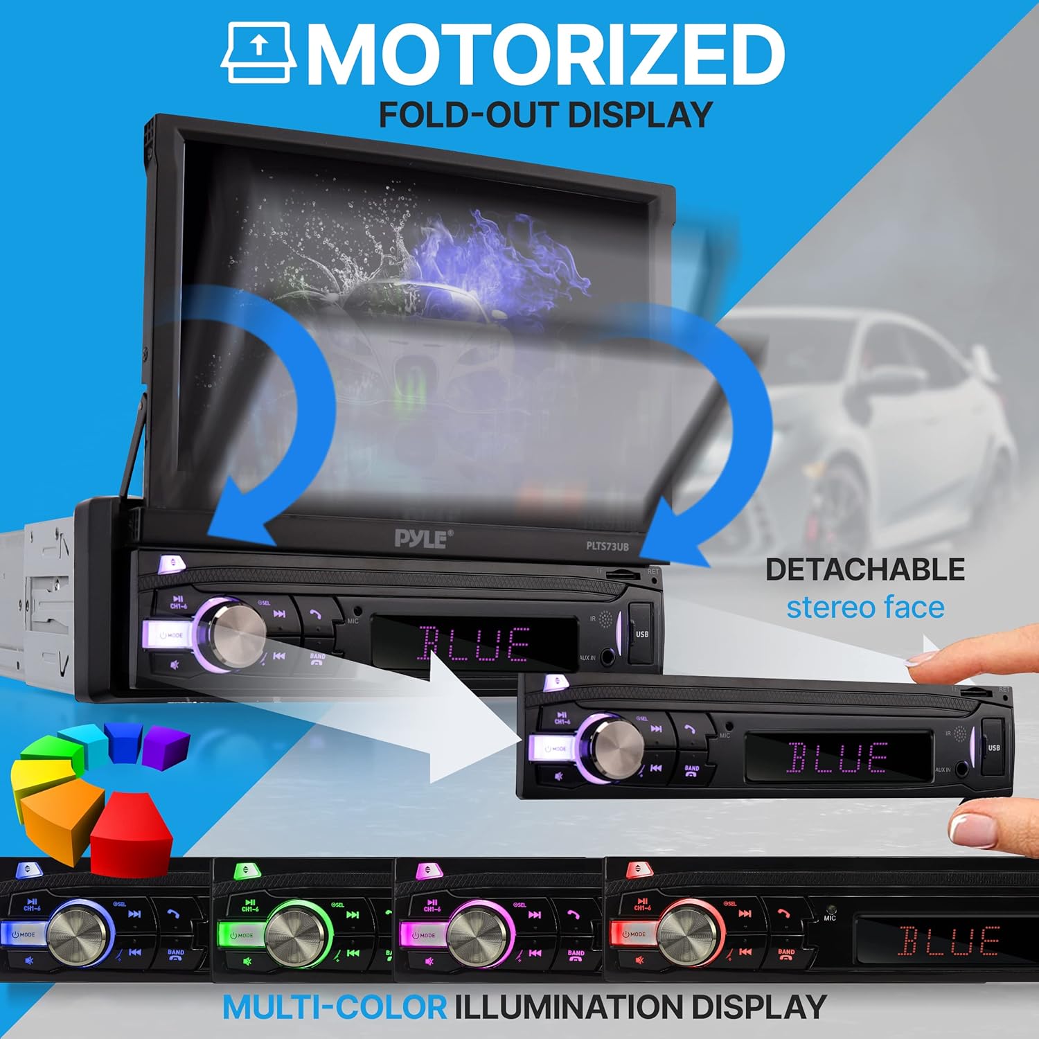 Pyle Car Stereo Video Receiver - Multimedia Player, BT Wireless Streaming, Hands-Free Talking, Motorized Fold-Out 7" Touchscreen Display, MP4/MP3/USB/SD/AM/FM Radio, Single DIN - PLTS73UB.5