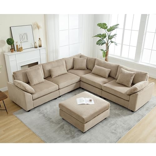 110.6"*110.6" Oversized Corner Modular Sectional Sofa Set, Modern L-Shaped Couch with Movable Ottoman and 7 Pillows, Comfy Corduroy Fabric Deep Seat 6 Seater Cloud Couch for Living Room (Beige)