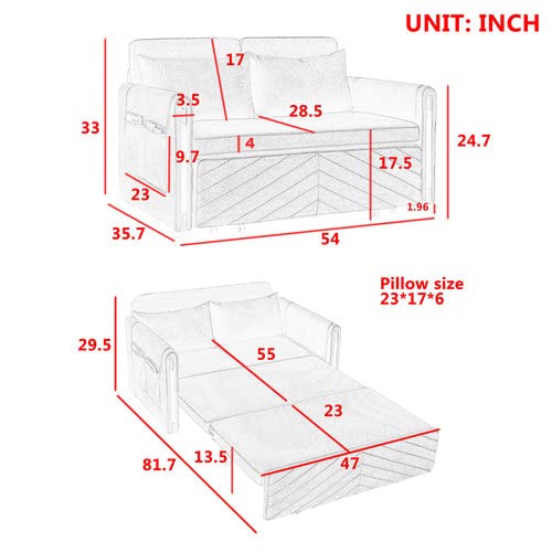 54" Modern Velvet Convertible Sofa Bed with 2 Detachable Arm Pockets, Velvet Loveseat Multi-position adjustable Sofa, Pull Out Bed with Bedhead, Sofa Sleeper with 2 Pillows for Living Room, Gray