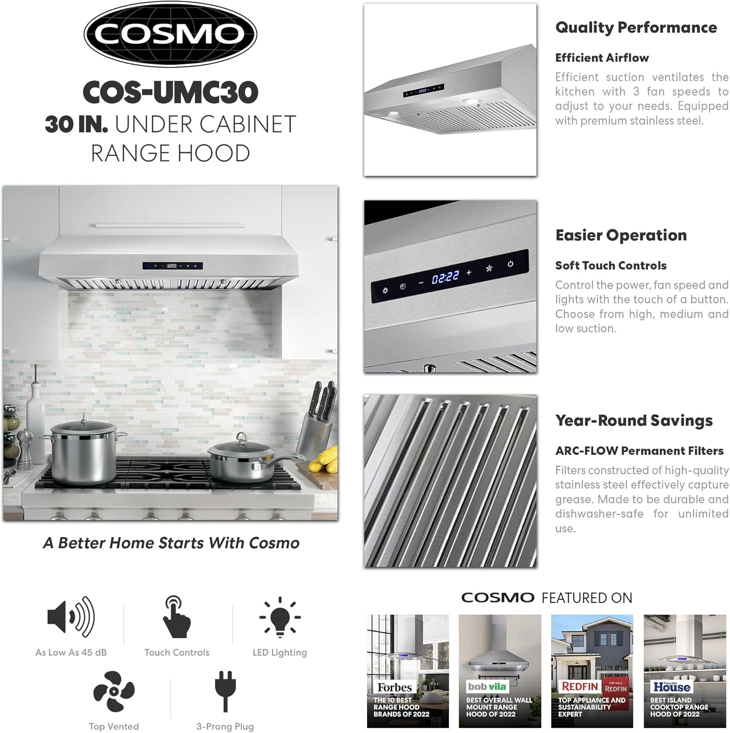 COSMO UMC30 30 in. Ducted Under Cabinet Stainless Steel Range Hood with LED Light, 380 CFM, Permanent Filter, 30 inch