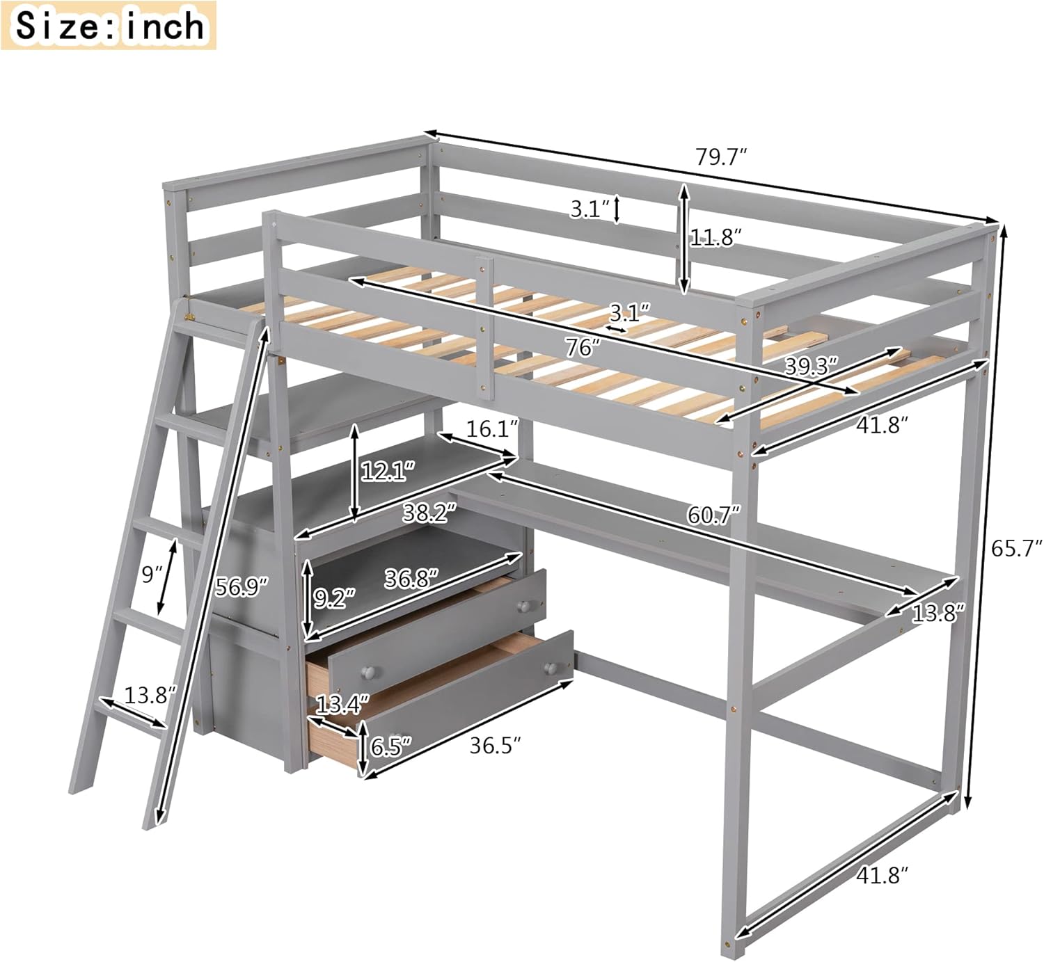Merax Twin Size Loft Bed with Desk, Shelves and Two Built-in Drawers, Solid Wood Bed Frame for Teens, Grey