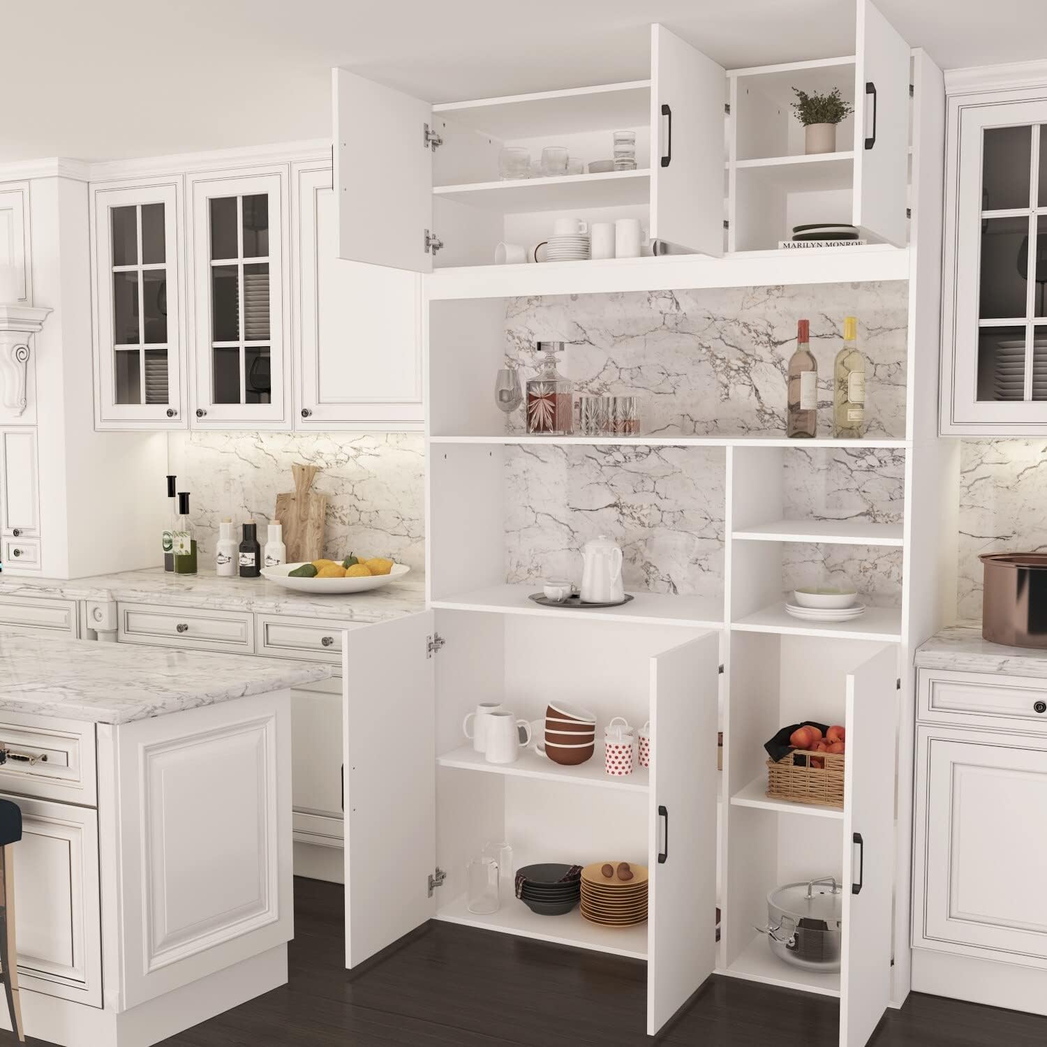 78" Kitchen Pantry Storage Cabinets with Hutch Buffet White Wood