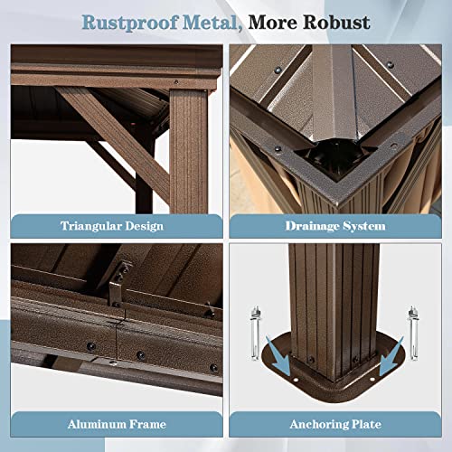MELLCOM 12'x16' Hardtop Gazebo, Galvanized Steel Metal Double Roof Canopy with Curtains and Netting, Brown Permanent Pavilion Gazebos with Aluminum Frame for Garden, Patio, Lawns, Deck