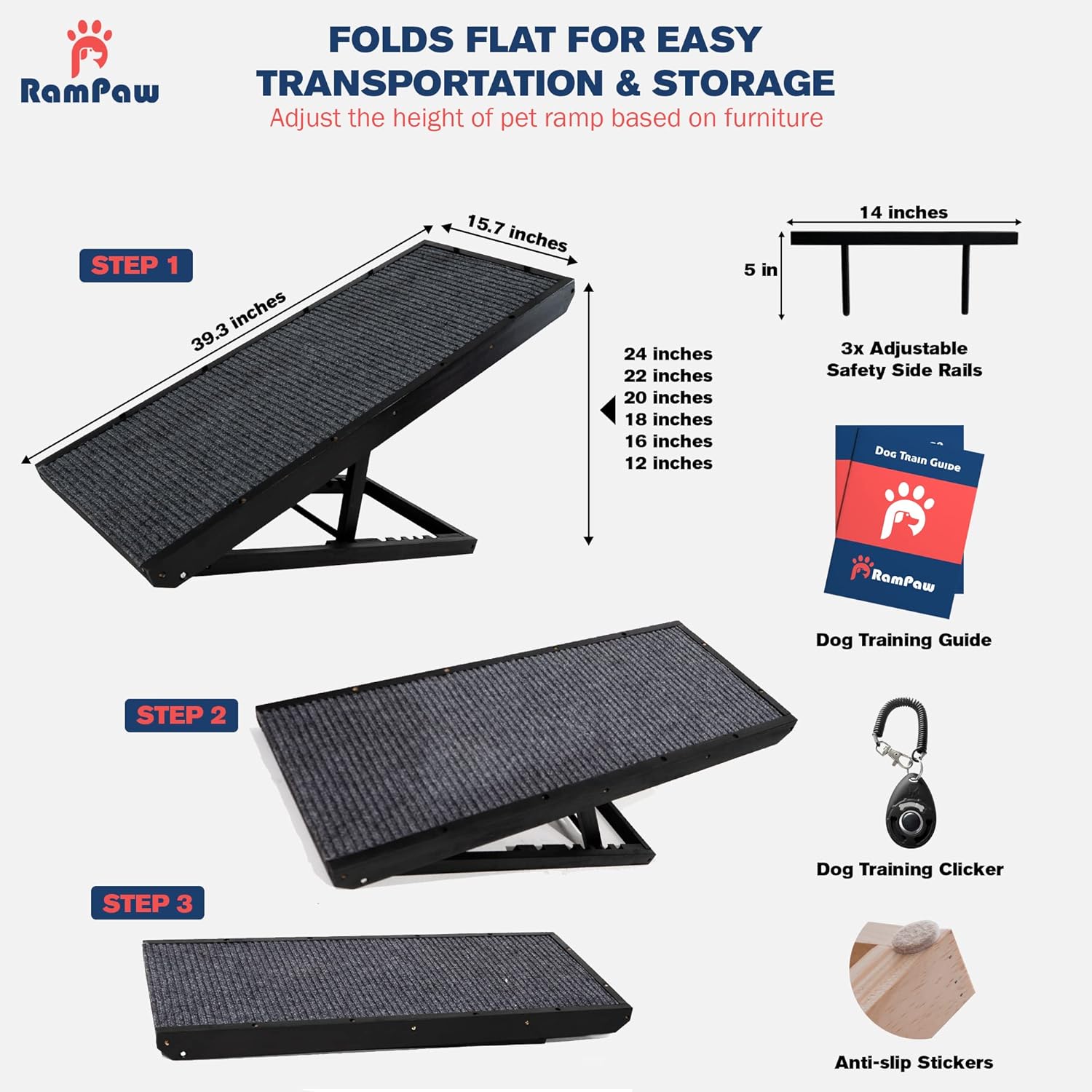 Rampaw Adjustable Pet Ramp for Small Dogs and Cats - for Couch or Bed with Paw Non Slip Traction Mat, Adjustable Height from 12 to 24 in - Sturdy, with Safety Side Rails, Dog Training Manual (Black)