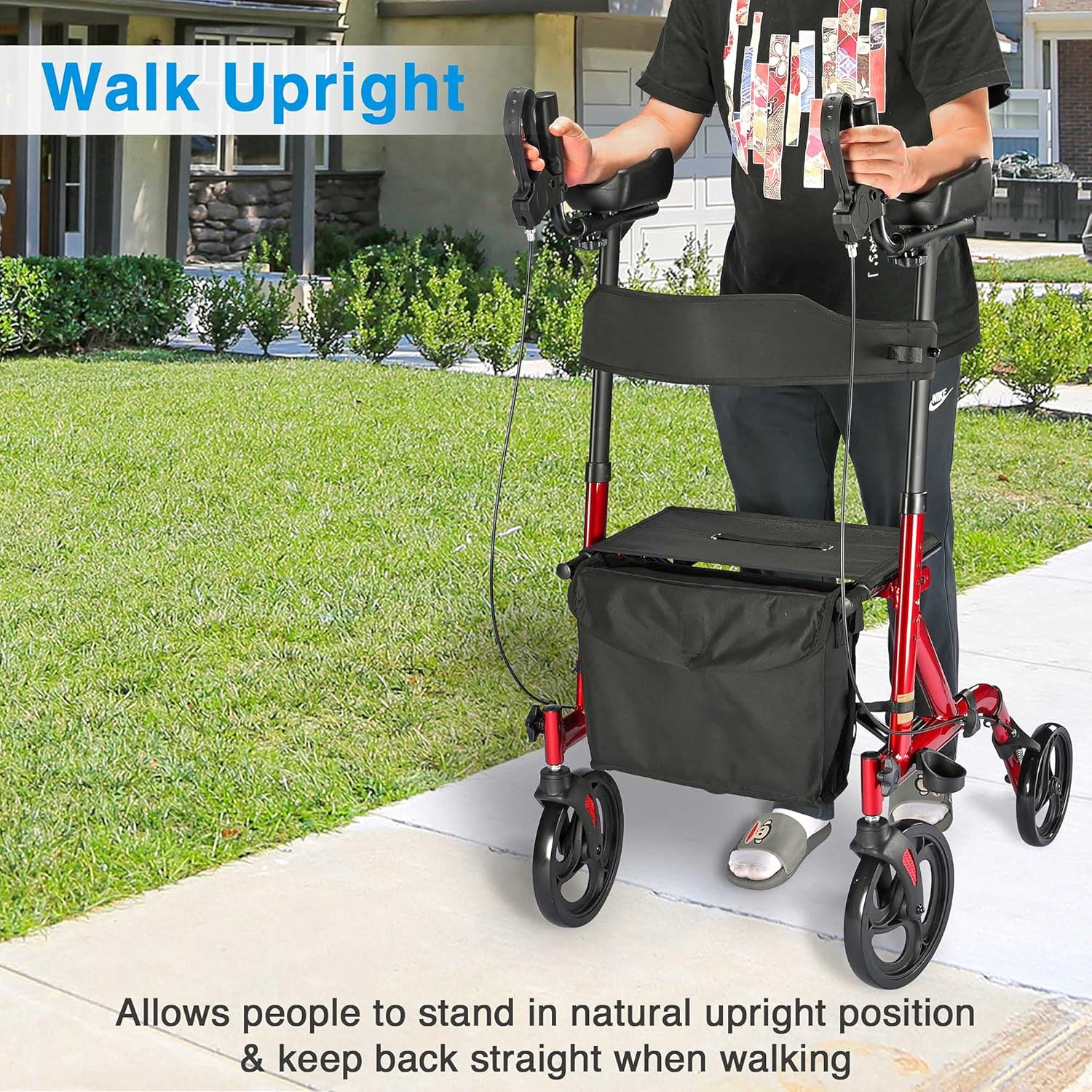 AW Stand Up Folding Rollator Upright Rollator Walker Armrest Walker 300 Lbs 4 Wheels Seat Padded Lightweight