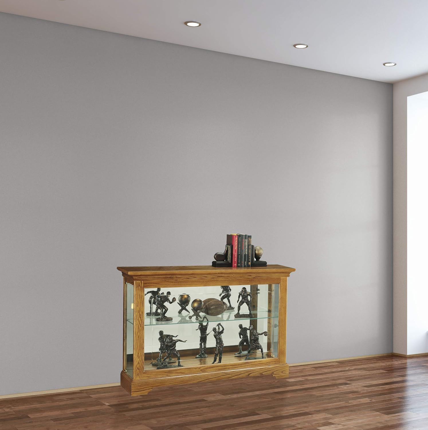 Howard Miller Burrows Console Curio Cabinet 680-535 – Golden Oak Finish, Home Decor, One Glass Shelf, Two Level Display Case, No Reach Incandescent Light