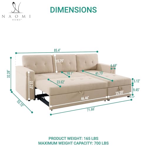 Naomi Home Jenny Sectional Sofa Sleeper with Storage Chaise, Tufted Pull Out Couch with Storage, L-Shaped Reversible Sleeper Sofa with Storage, Black,Air Leather