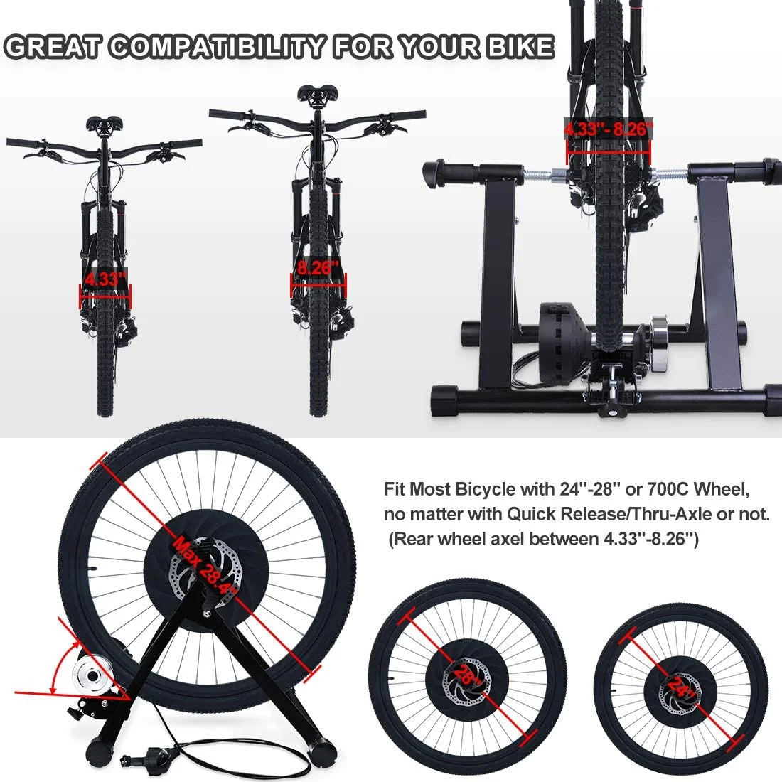Bike Trainer Stand for 26"-28" Mountain & 700C Road Bikes, Indoor Stationary Bicycle Exercise w Quiet Noise Reduction / Wider 8 Levels Resistance