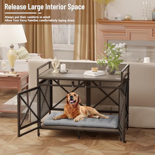 Large Dog Crate Furniture, 48 Inch Wooden Dog Kennel for XLarge Dogs, Heavy Duty Dogs Furniture Indoor Wire Dog Cage with Adjustable Feet & 360° Wheels, Decorative Pet House End Table, Grey
