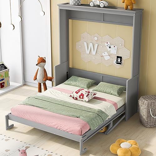 Murphy Bed Queen Bed Frame with Storage Shelves and LED Lights Folding Wall Bed with Wood Slats Queen Size Murphy Bed Cabinet Bed, Space Saving, White