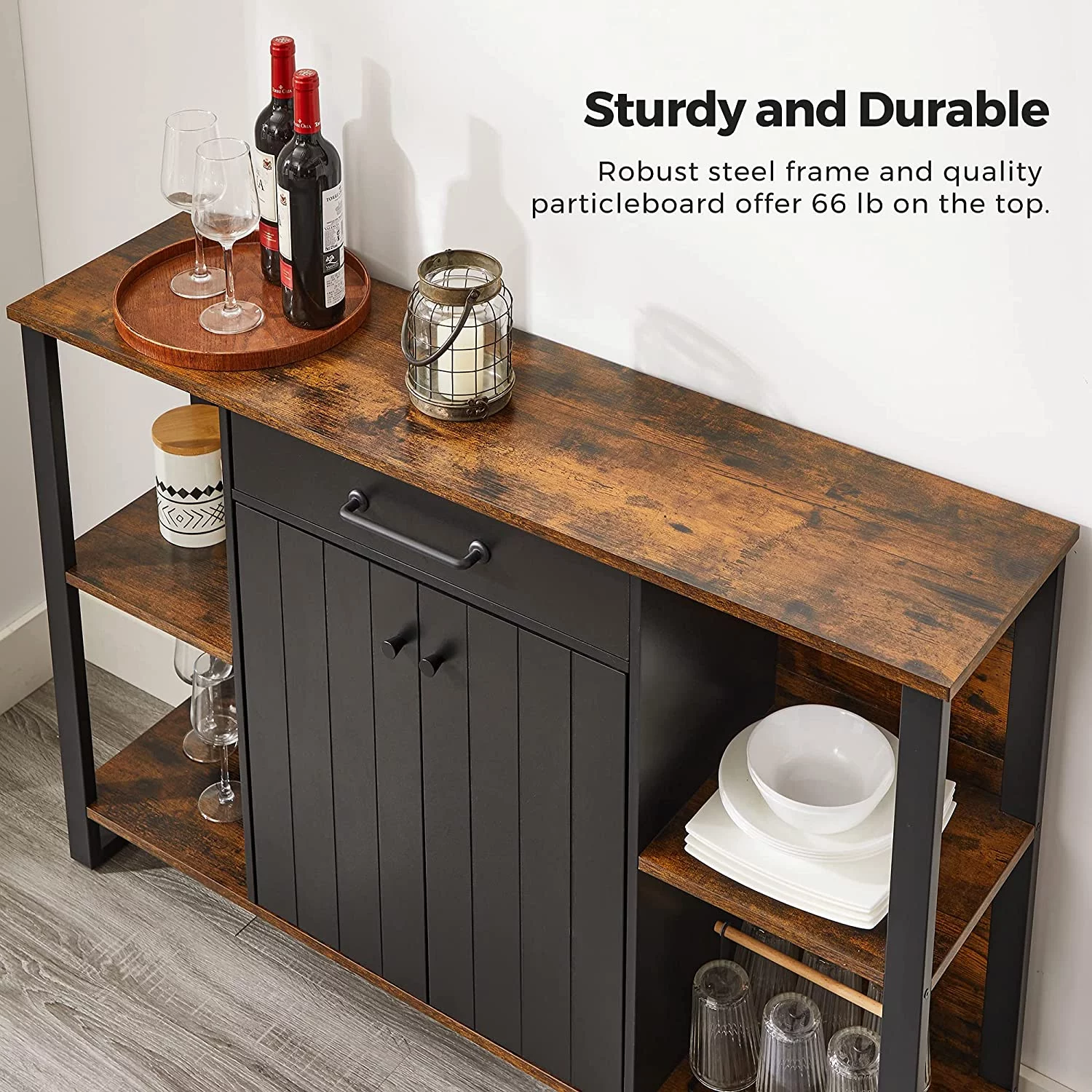 by SONGMICS Home Buffet Cabinet, Kitchen Sideboard, Storage Organizer with Drawer, Shelves, Door, for Living Room Hallway, 11.8 x 47.2 x 31.5 Inches, Rustic Brown and Black ULSC103B01