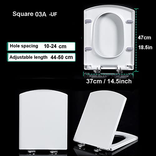 Soft Close Toilet Seat, Toilet seat, Square White, Quick Release Toilet Seat Top Fix Adjustable Hinges, Easy Installation Bathrooms Square Toilet Seat,03A