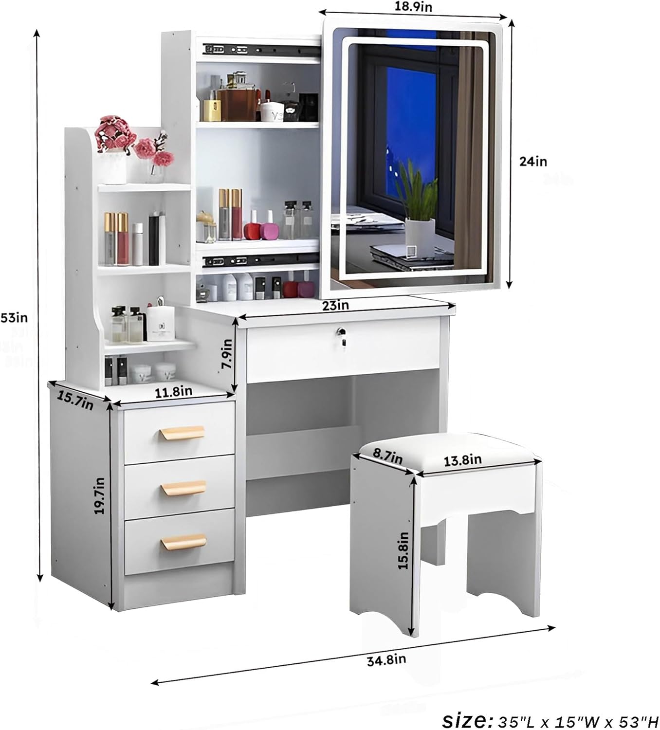 Vanity Desk with Mirror and Lights, Makeup Desk with Drawers and Shelves,3 Color Lighting Brightness Adjustable,Modern Makeup Vanity Table Set with Stool for Woman,Girl,Hidden Storage Space,White