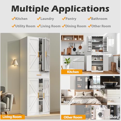 71" Tall Kitchen Pantry Storage Cabinet with 4 Doors & Drawer, Adjustable Shelves, Farmhouse Cupboard, Freestanding Cabinet with Door Shelves for Dining Room/Living Space, Black