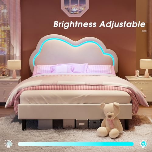 Jocisland LED Bed Frame Queen Size Velvet Upholstered Platform Bed with Adjustable Cloud Headboard, No Box Spring Needed, Easy Assembly, Cream