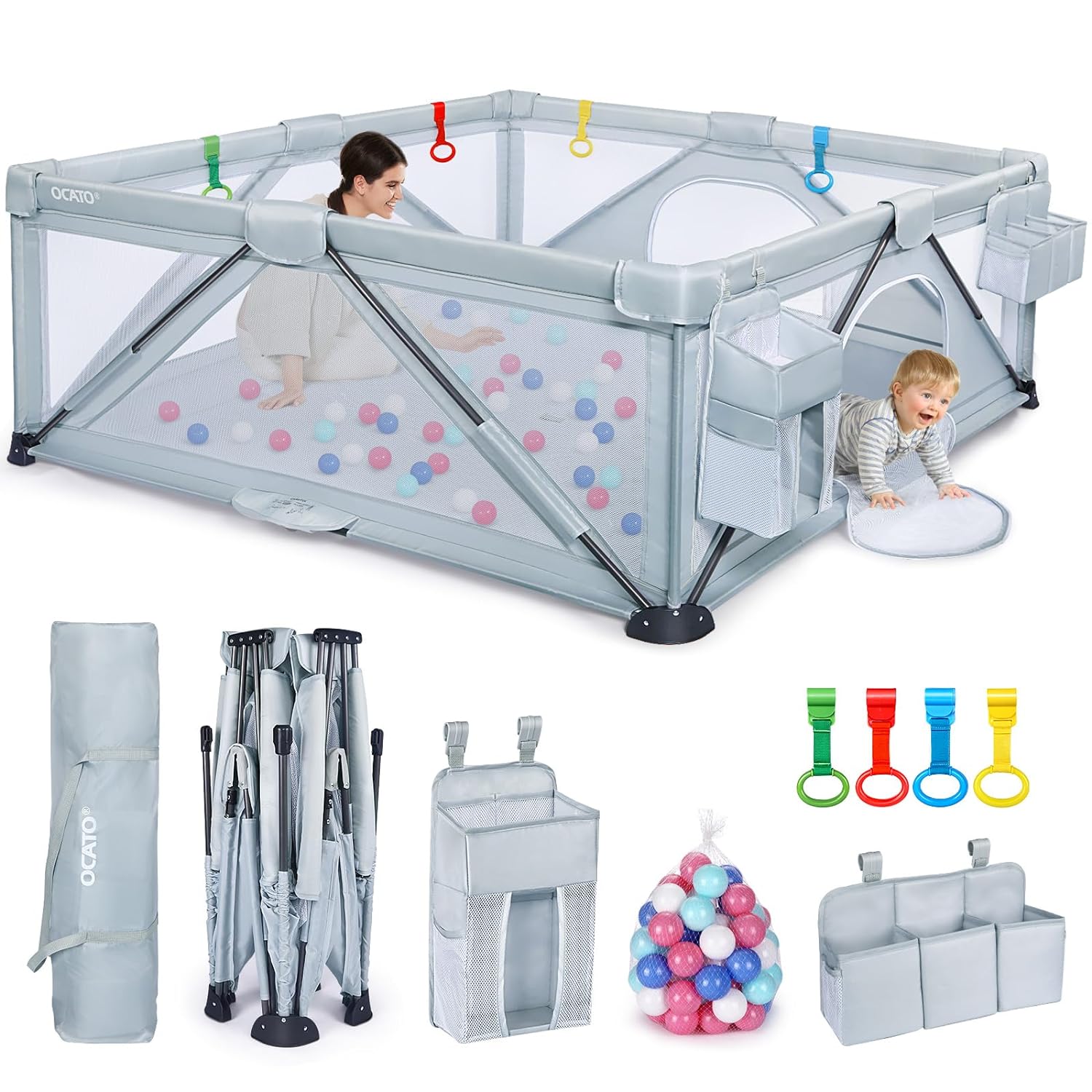 Baby Playpen: Foldable Playpen for Babies and Toddlers Large Play Pen Portable Playpen Fence Indoor Outdoor Kids Safety Area Travel Play Yard with 2 Storage Bags 4 Handlers 50 Balls (71" × 59")