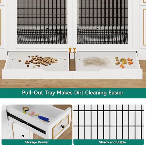 YITAHOME Double Dog Crate Furniture with Tray, 79" Dog Kennel TV Stand with Storage, Wooden Large Dog Kennel for 2 Small/Medium Dogs, White