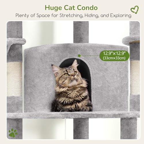Globlazer Corner Cat Tree for Large Cats, 66inch Tall Curved Series Large Cat Tower for Multiple Indoor Cats with 6 Scratching Posts, 2 Spacious Cat Condos, Hammock, Hanging Basket, C66, Beige
