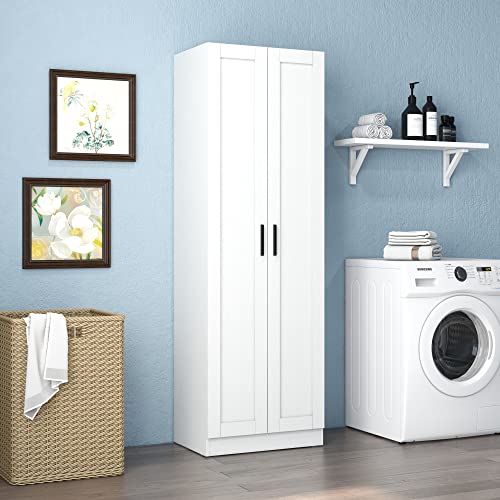 Panana Wooden Tall Storage Cabinet, Collection Food Pantry Cabinet Narrow Cabinet Free Standing with 2 Doors and Shelves (White-s, 45P)