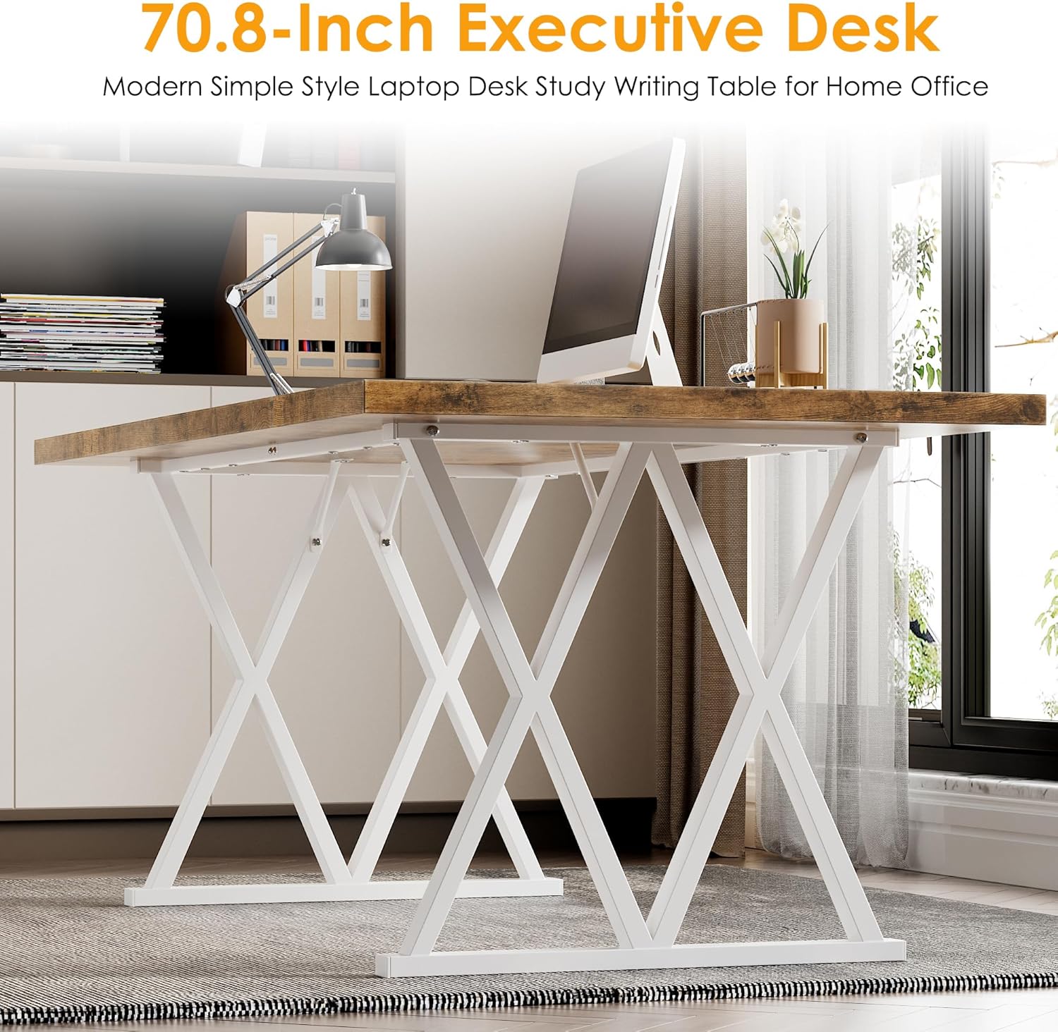 70.8 Inches Home Office Computer Desk, Large Executive Desk with X Shaped Metal Legs & Adjustable Feet, Modern Simple Style Workstation Laptop Desk Study Writing Table, Office Furniture
