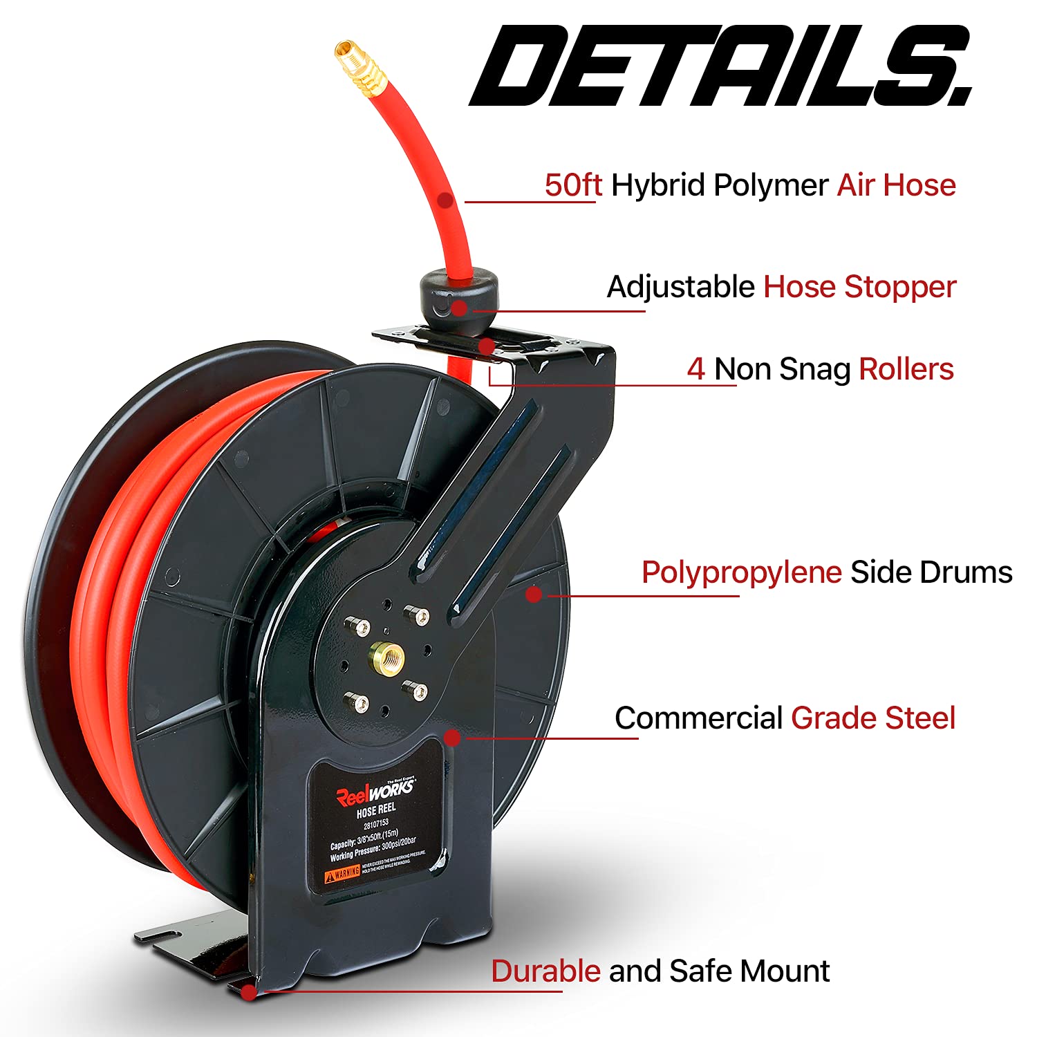 ReelWorks Air Hose Reel Retractable 3/8" Inch x 50' Foot Hybrid Polymer Hose Max 300PSI Polypropylene Drum Construction