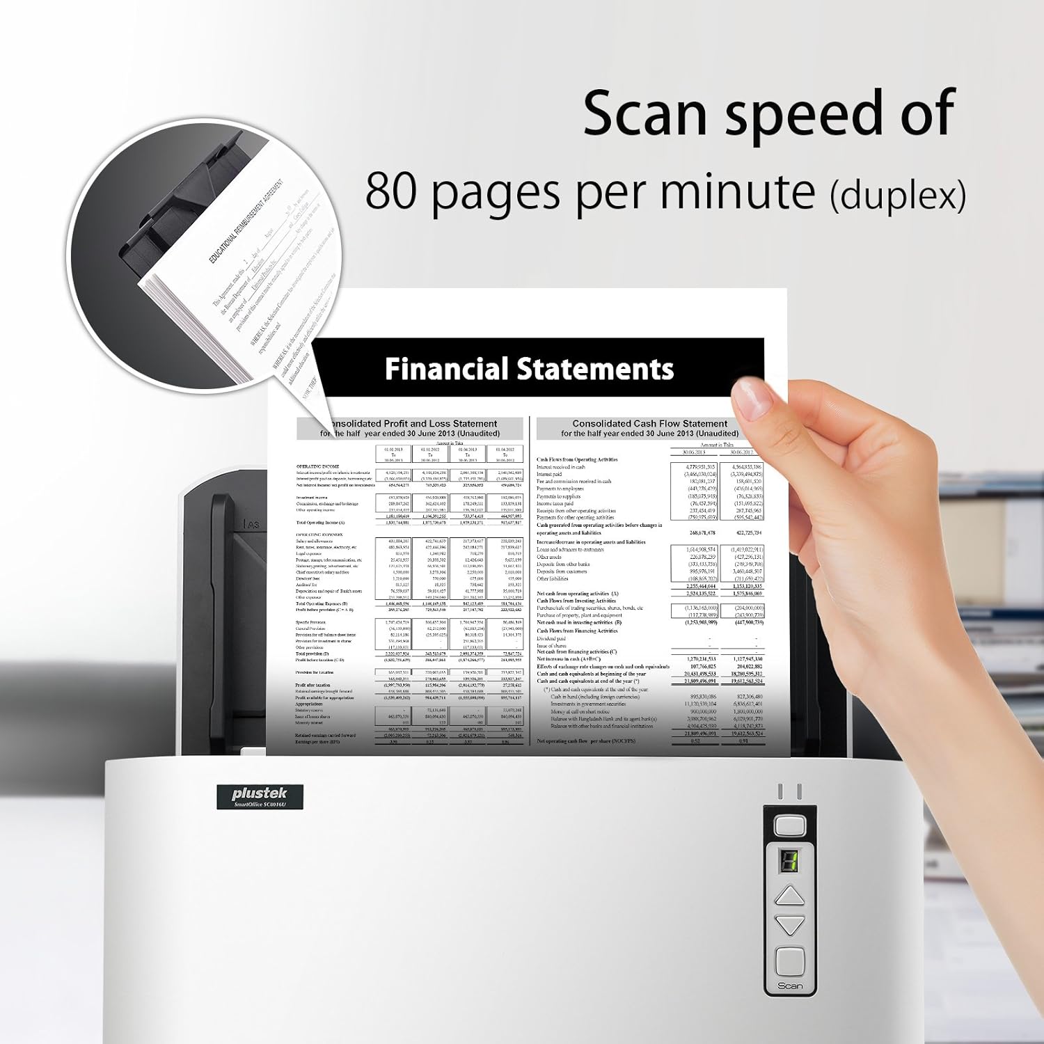 Plustek SmartOffice SC8016U High Speed Departmental A3 Document Scanner, 100 Page ADF, 80ppm, Instant on