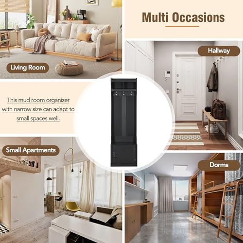 Narrow Hall Tree with Shoe Storage Bench, Mudroom Storage Cabinet with 6 Hanging Hooks, Wooden Storage Bench with Coat Rack, Foyer Cabinet for Hallway, Living room, White
