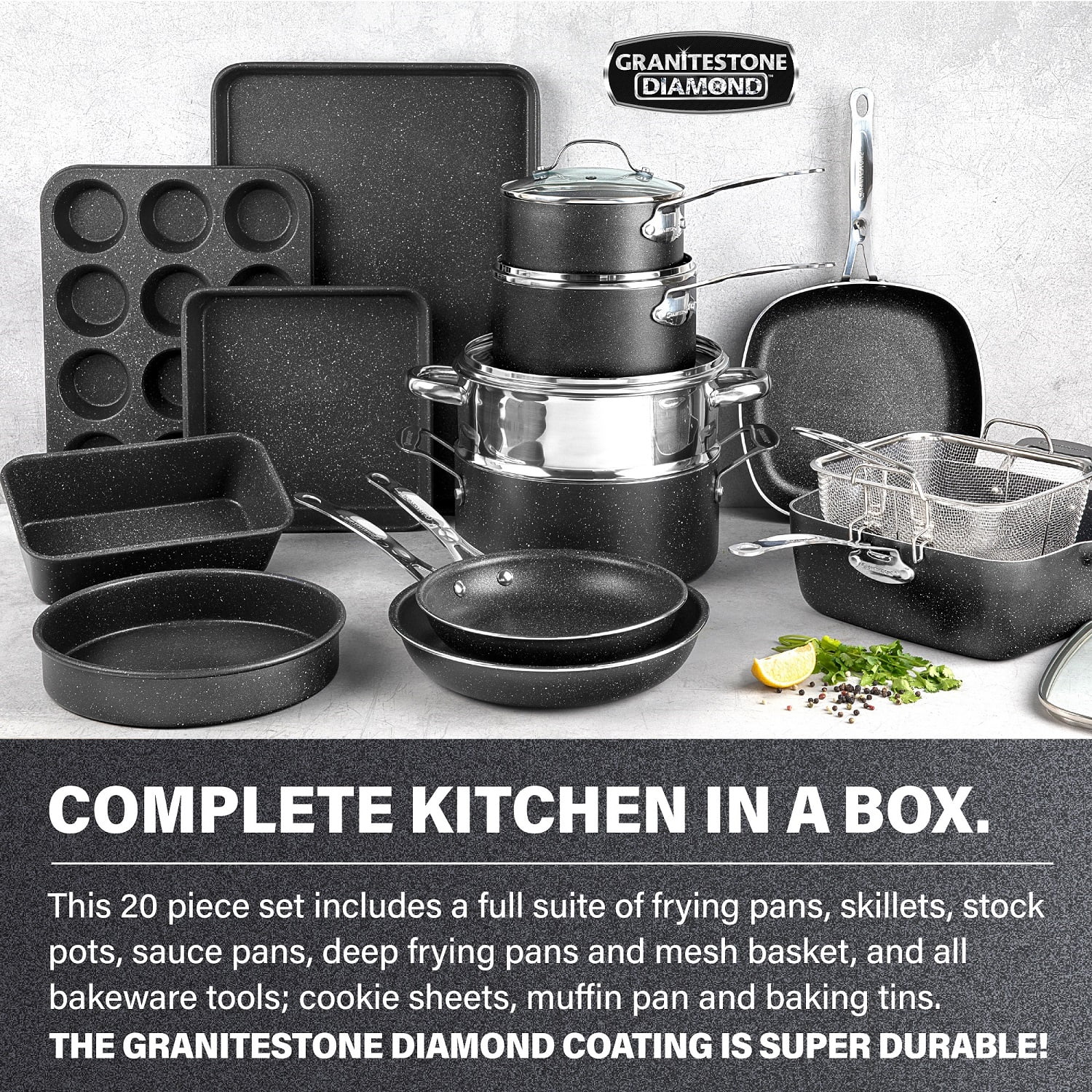 Granitestone Pots and Pans Set, 20 Piece Complete Cookware + Bakeware Set with Ultra Nonstick 100% PFOA Free–Includes Frying Pans, Saucepans, Stock Pots, Steamers, Cookie Sheets and Baking Pans