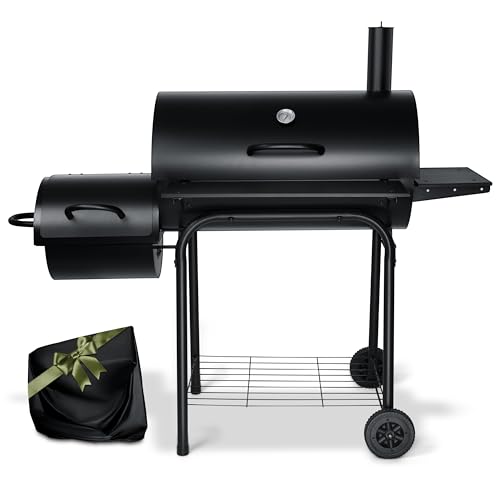 Leonyo Charcoal Grill with Smoker, BBQ Charcoal Grill and Offset Smoker, Large Barrel Grill with Grill Cover, 811 Square Inches, Griddle Accessories kit of 21, Outdoor Camping, Backyard, Patio Parties